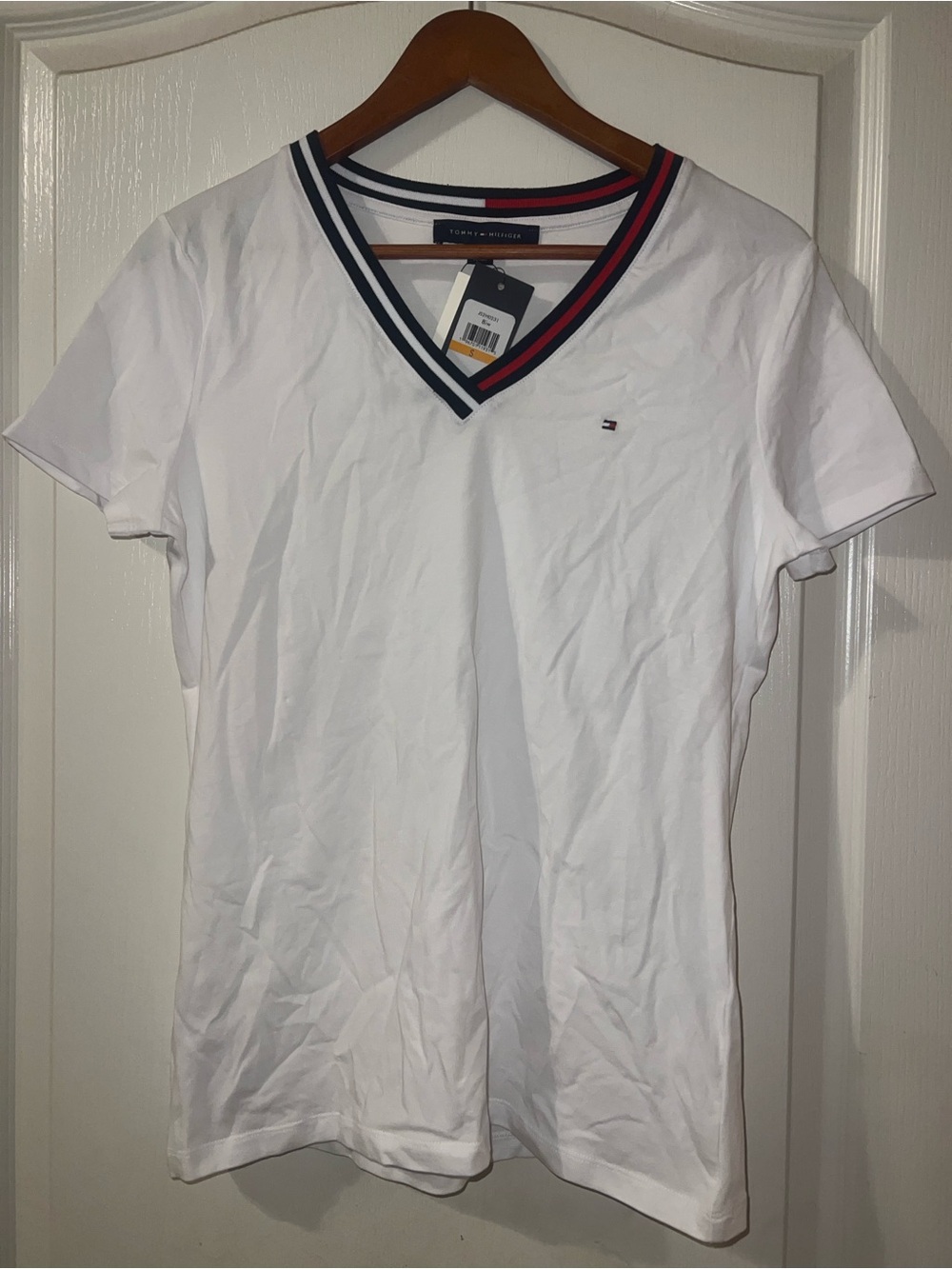 Tommy Hilfiger White V‑Neck Polo Tee with Navy & Red Trim